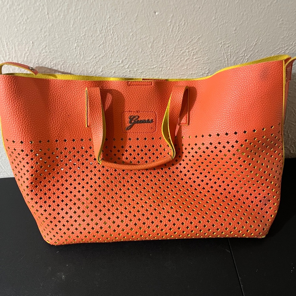 Guess Orange Perforated Faux Leather Tote Bag Yellow Interior Large Shoulder Bag